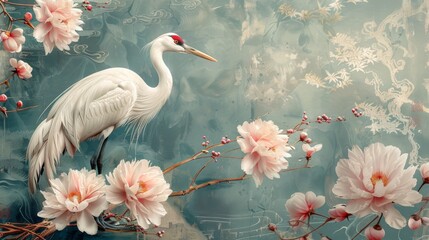 Decorations in vintage style with peony flowers and Chinese clouds. Crane birds element with abstract banner.