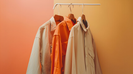 Apricot and beige clothes on hangers against trend, generative Ai