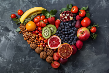 Heart-shaped arrangement of colorful fruits and vegetables, symbolizing healthy eating and nutritional balance.