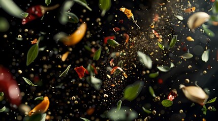 Colorful spices in mid-air against dark background - a dance of flavors
