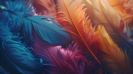 Vibrant feather display with vivid colors in soft focus, a delicate textural background