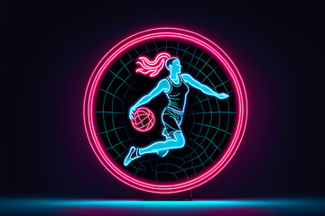 Naklejka premium silhouette of a woman playing basketball, hoop and ball, net sports visuals, neon outline icon isolated on abstract background 