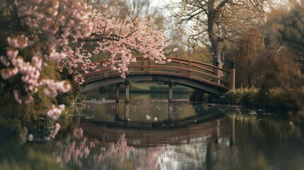 Obraz premium Tranquil wooden bridge over serene pond surrounded by blossoming cherry trees