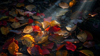 Sunbeams illuminating colorful autumn leaves on a dark forest floor