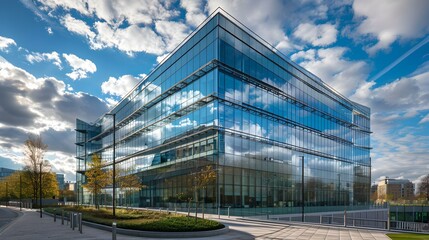 Modern corporate office building under blue sky with clouds, reflective glass facade