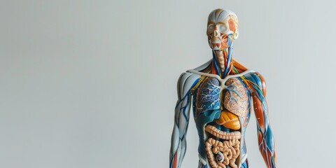 A model of a human body with a large stomach and a small head. The body is made of different colored plastic and is on a white background