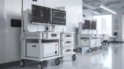 A high-end medical product display with multiple digital monitors a