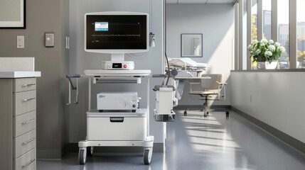 A modern, sleek medical cart with an advanced monitor