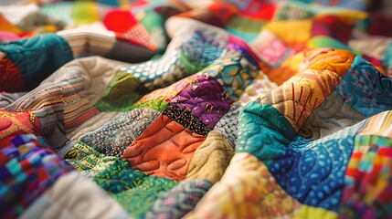 Colorful handmade patchwork quilt close-up - a cozy, artistic textile background