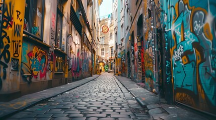 Naklejka premium Vibrant graffiti art coloring the walls of an urban alleyway