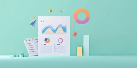A colorful graph is displayed on a green background. The graph is surrounded by a notebook, a stack of cubes, and a stack of rectangles. Concept of creativity and innovation, as the graph