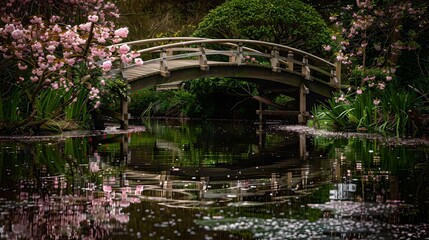 Serene japanese garden scene with traditional wooden bridge and cherry blossoms