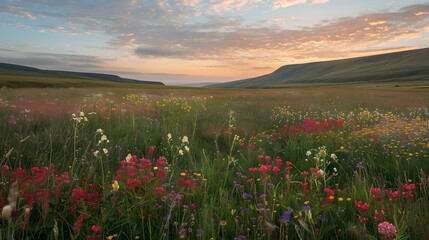 Fototapeta premium Scenic meadow at twilight with colorful wildflowers and gentle hills
