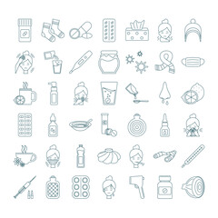 Set of icons medicines cold or flu, fever. Pills, tablets, sprays, drops, for fever, viral diseases. Prevention of sickness, treatment  allergy. Signs medical healthcare. Isolated vector illustrations