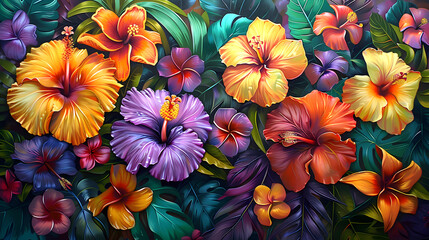 Colorful painting of vibrant hibiscus flowers