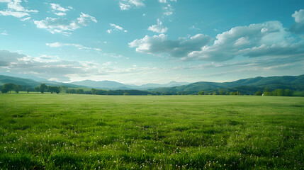Fototapeta na wymiar Green field under a cloudy sky with distant mountains
