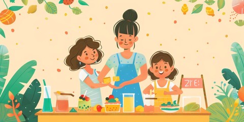 A woman is holding a child's hand while they are making a fruit salad. The image is a cartoon of a woman and two children, with a table in the background. Scene is cheerful and playful