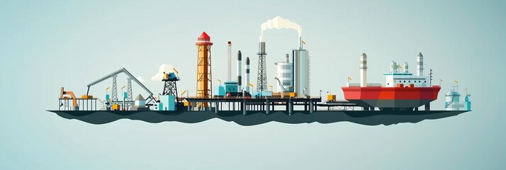 Obraz premium A large industrial area with a red ship in the background. Concept of industry and commerce