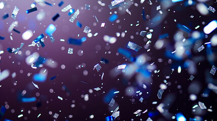 Shimmering silver and electric blue confetti drifting across a deep plum background, ideal for a festive mood.