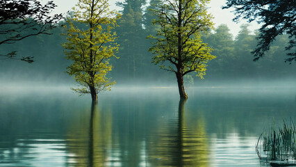 A lake with trees in the water 16:9 with copyspace