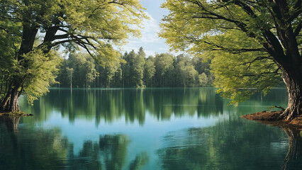 A lake with trees in the water 16:9 with copyspace