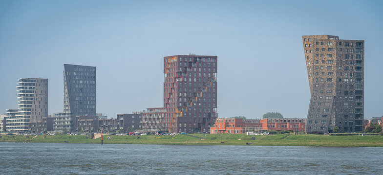 Skyline of Het Balkon neighbourhood in Maassluis, seen from Nieuwe Waterweg ship canal