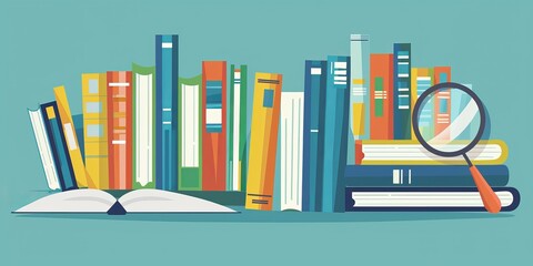 A stack of books with a magnifying glass on top. Concept of curiosity and exploration