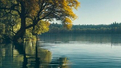 A lake with trees in the water 16:9 with copyspace