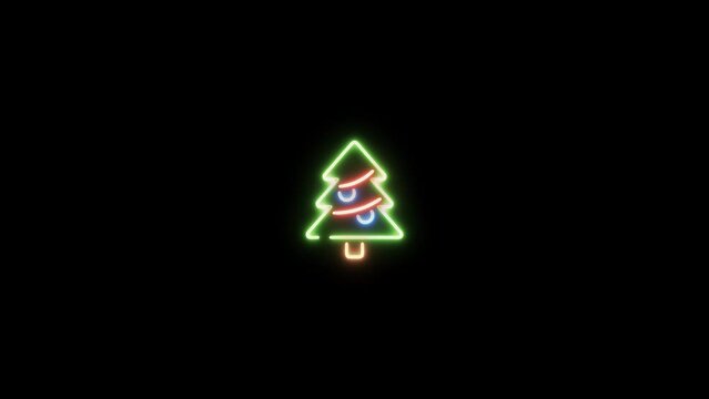 Neon sign in christmas tree shape motion graphic with alpha channel. Colored tree neon light turn on and turn off isolated icon animated on transparent background.