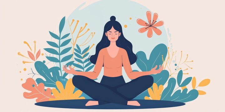 A woman is sitting in a lotus position in a lush green forest. She is meditating and she is in a peaceful and serene state