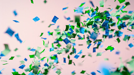 Soft green and royal blue confetti drifting on a pale pink canvas, symbolizing gentle celebration.