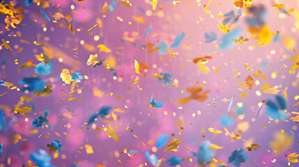 Soft blue and golden yellow confetti raining down on a magenta backdrop, creating a festive mood.