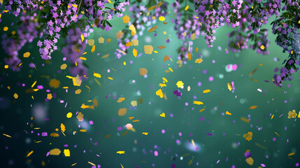 Soft lavender and sunshine yellow confetti tumbling down a dark green background, creating a joyful display.