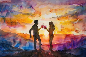 A painting of a man and a woman holding wine glasses. Suitable for wine lovers or romantic occasions