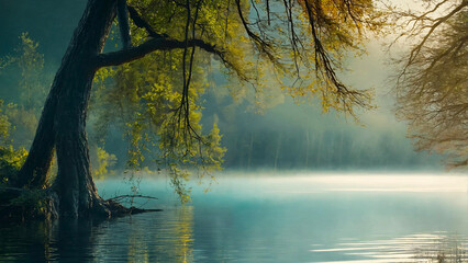 A lake with trees in the water 16:9 with copyspace