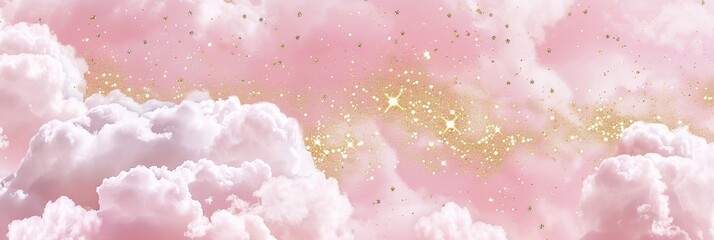 Cule clouds with gold magic glitter on pink background. Soft baby girl design. Glamour space banner