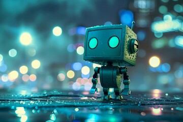 Funny and cute robot against with bokeh