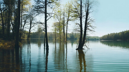 A lake with trees in the water 16:9 with copyspace