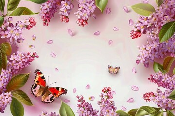 Flower frame with butterfly. Blooming lilac and cherry. Vector
