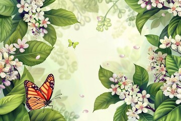 Flower frame with butterfly. Blooming lilac and cherry. Vector