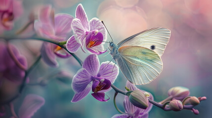 White butterfly on a purple orchid with a dreamy backdrop