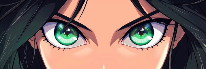 Angry girl face with green eyes. Cartoon anime style.