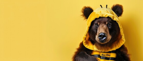 Bear in a bee costume on a yellow background with the text Bee Day concept.