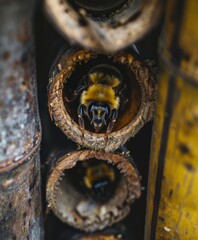 Close up of small bees inside hollow bamboo pipes.
