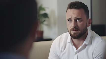 Obraz premium A man at an appointment with a psychologist talks about his difficulties. Finding solutions to problems with a trusted doctor. Unburdening heart, embracing support.
