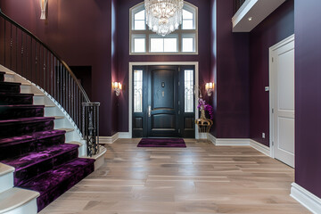 Sophisticated entrance with a plum purple staircase wide front door and light hardwood flooring stretching to a tall ceiling Deep luxurious hues