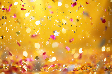 Sparkling confetti falls over a golden yellow background, providing a sunny, inviting atmosphere in high resolution.