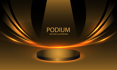 Black podium golden curve 3D stage for display product vector illustration.