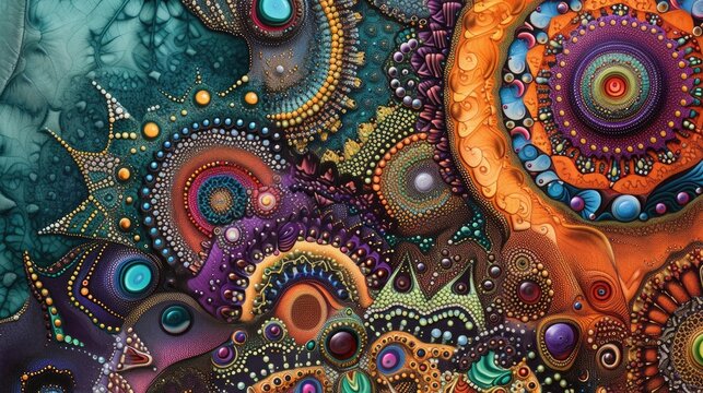 Close up of a colorful floral pattern painting of mandala comprised of various flowers, leaves, and botanical elements while using a vibrant color palette including shades of red and black. AIG42.