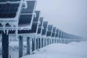 Fototapeta premium Ice panel. Photoelectric power plant in winter. Problems in the production of energy covered with snow panels. Solar elements in ice.